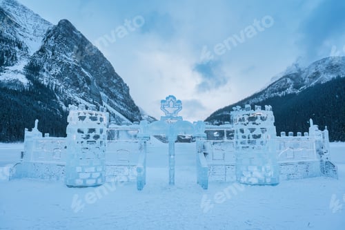 Preview: Skating rink and carved ice castle on Lake Louise in winter