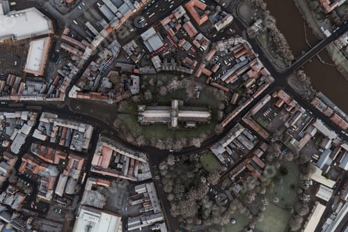 Preview: Aerial map view directly above the North Yorkshire market town of Selby with Selby Abbey prominent