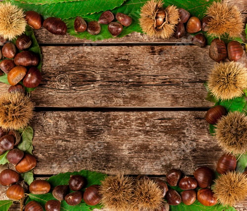 Preview: Frame of chestnuts, leaves and chestnut bur.