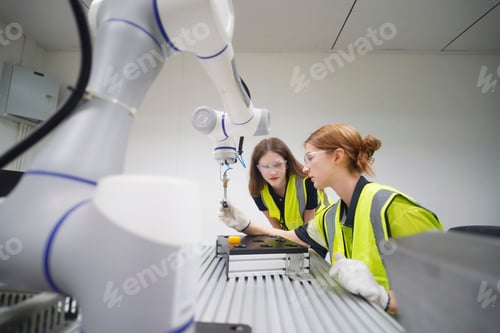 Preview: Engineers collaborate with robotic arm in modern automation lab during daytime work session