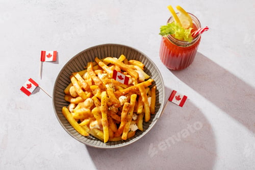 Preview: Canadian poutine with fries, cheese curds and gravy, decorated with Canadian flags