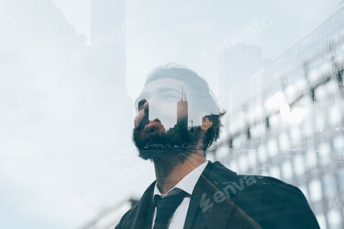 Preview: Double exposure of young business bearded man outdoor