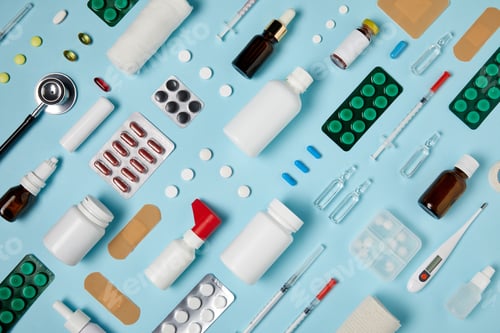 Preview: full frame shot of composed various medical supplies on blue surface