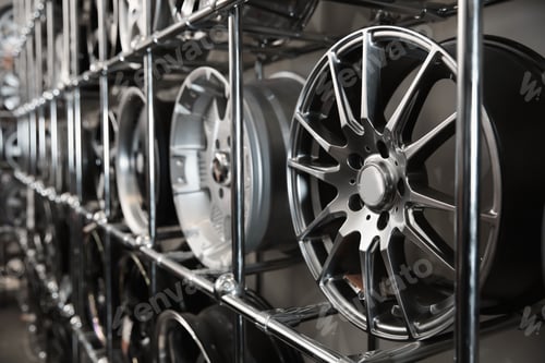 Preview: Alloy wheels on racks in automobile service center