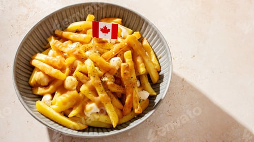 Preview: Traditional Canadian poutine with fries, cheese curds, and gravy, decorated with Canadian flag.