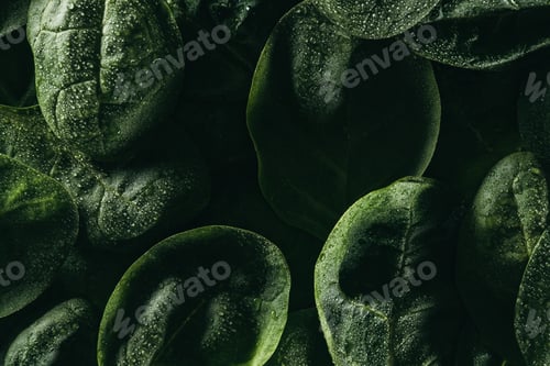 dark floral background with fresh green leaves and water drops