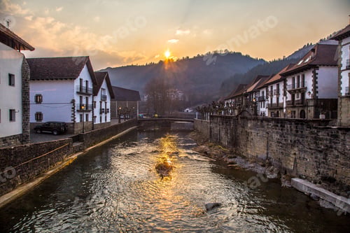Preview: Beautiful sunset from the river in the town of Otsagabia, Navarra