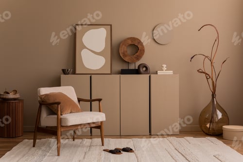 Preview: Warm and cozy composition of living room interior with rug, personal accessories Home decor Template