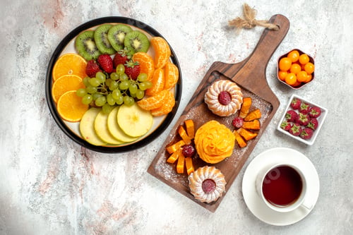 Preview: top view different fruits composition fresh and ripe on a white background ripe fruits mellow color