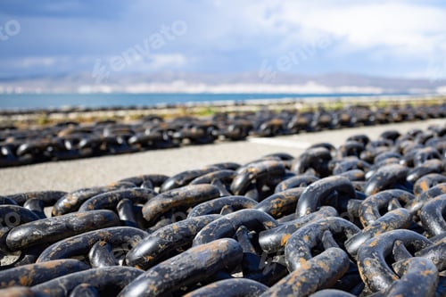 Preview: Chains for ships lies on the pier against the background of a cloudy sky and the Black Sea