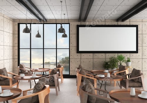 Preview: 3D illustration Mockup photo frame in lounge or canteen