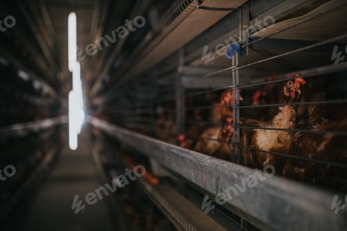 Preview: Closeup shot of brown chicken behind grids in a chicken farm