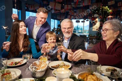Preview: Overjoyed family clinking champagne glasses while celebrating New Year night