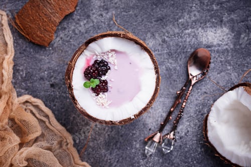 Preview: Blackberries smoothie in coconut shell