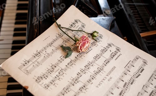 Preview: dry rose lies on the notes on the piano