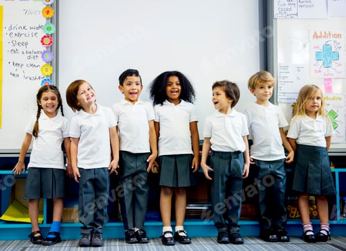 Preview: Group of diverse kindergarten students standing together in clas