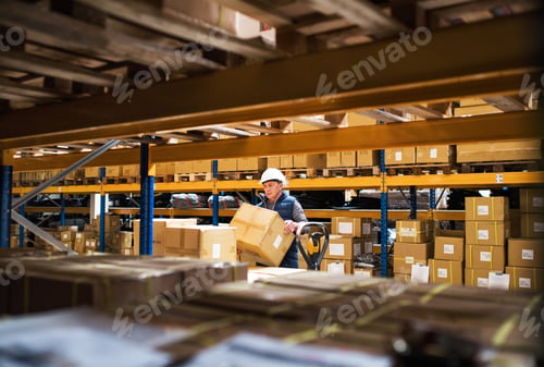 Preview: Senior male warehouse worker or a supervisor unloading a pallet truck with boxes.