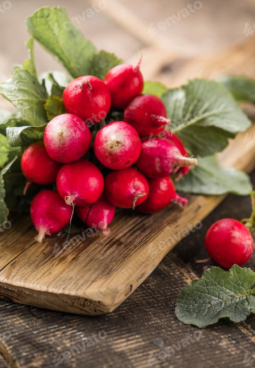 Preview: Bunch of radishes. Freshly harvested, purple colorful radish