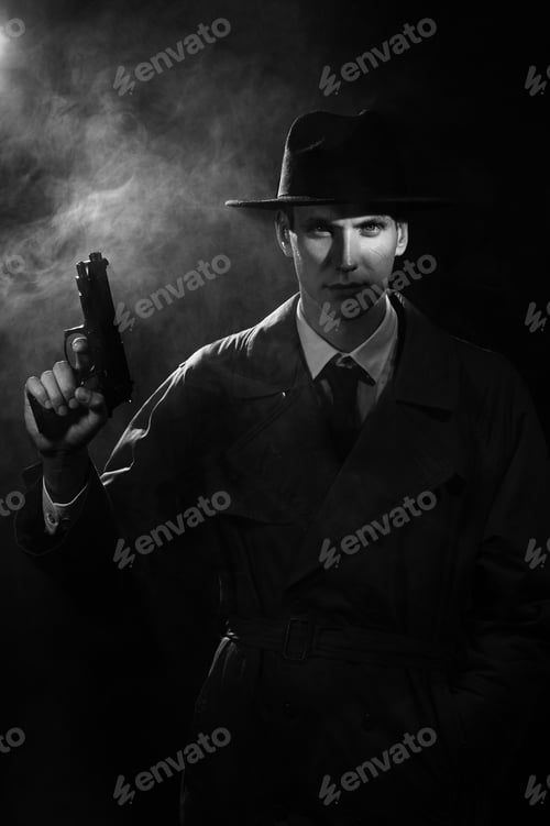 Preview: A dark silhouette of a man in a raincoat and hat with a gun in his hands in the style of crime noir.