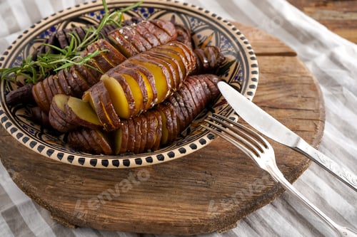 Preview: Sweet potato - sweet potato tubers cooked in a pan. Fried and baked with spices and salt. Cut into