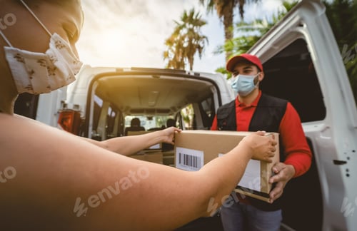 Preview: Delivery man wearing face protective mask to avoid corona virus spread