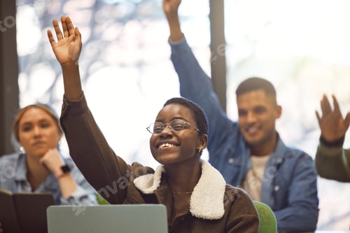 Preview: Black woman learning, class and education with student, question with hand raised and excited for s