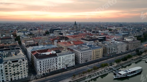 Preview: Aerial view of Budapest city and St. Stephen's Basilica at sunrise, Hungary