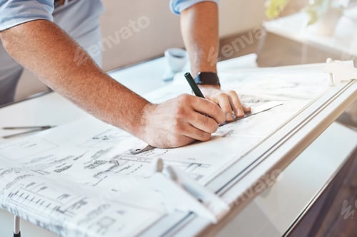 Preview: Male architect hands and arms drawing building project or construction plan at an office table. Clo