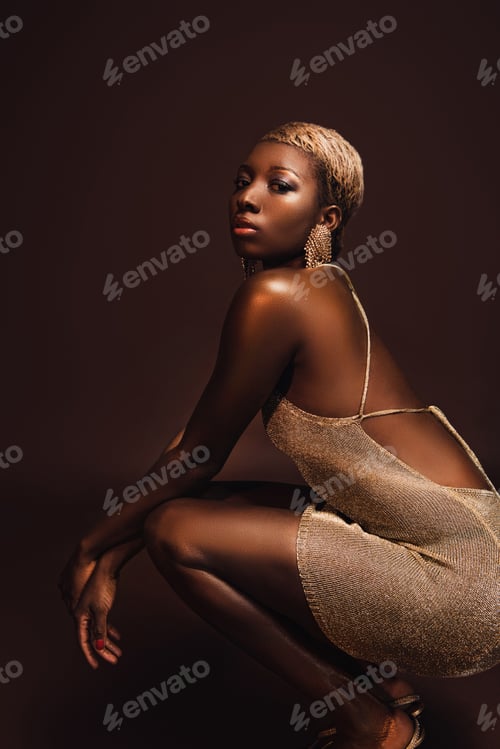 Preview: young glamorous african american woman with short hair isolated on brown