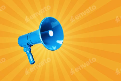 Preview: Creative vintage blue megaphone on a yellow background. Advertising and message