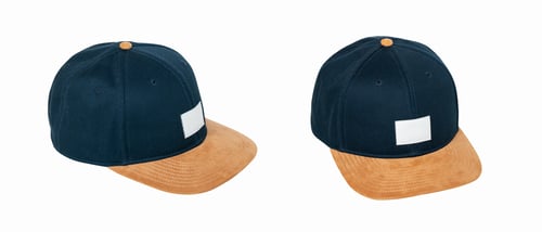 Preview: Isolated mockup of two dark blue and brown snapback caps with front and side view