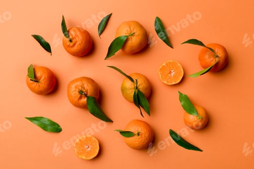 Preview: Many fresh ripe mandarin as colored background, top view. Elegant background