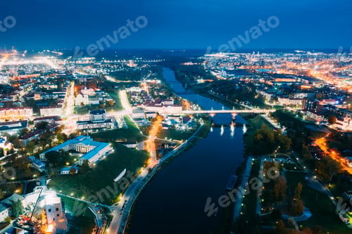 Preview: Grodno, Belarus. Aerial Bird's-eye View Of Hrodna Cityscape Skyline. Famous Popular Historic