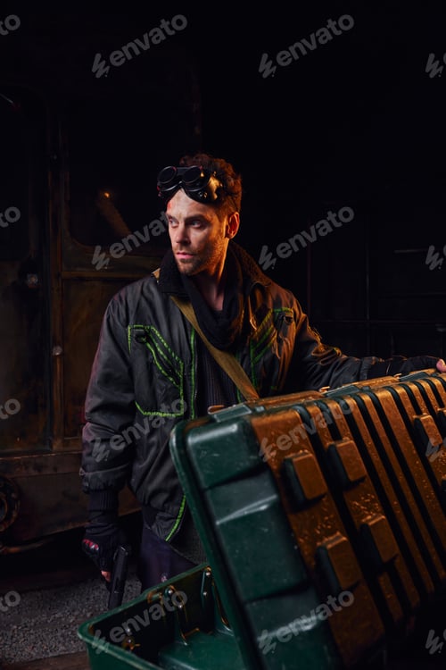 Preview: man with military goggles and gun looking away near weapon box in darkness of post-disaster subway