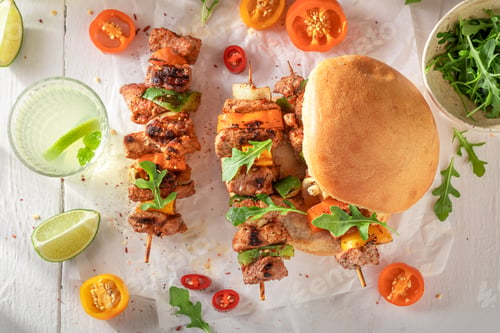 Preview: Tasty grilled shashlik with bun as healthy snack for bbq.