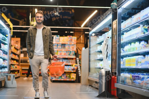 Preview: Handsome young man choosing food in the supermarket.