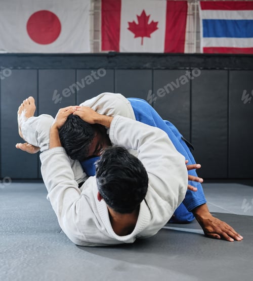 Preview: Male martial arts, fighting at a dojo and holding his opponent. Karate, sports and taekwondo adults