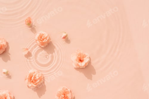 Preview: Pink aquatic, transparent water texture with ripples and drops and pink flowers. Water background
