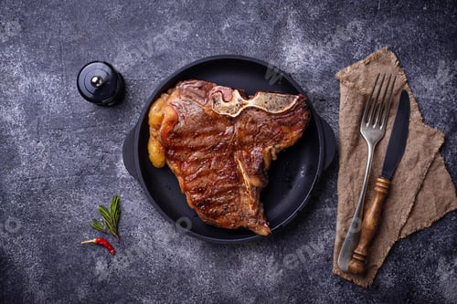 Preview: Grilled T-bone steak on dark background