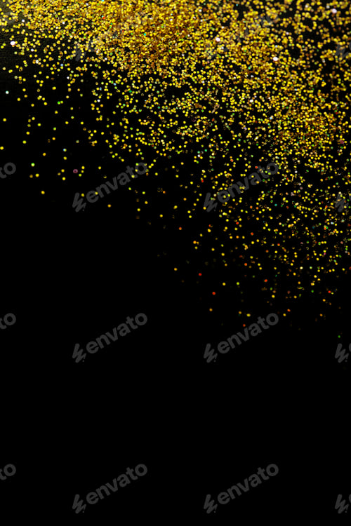 Preview: Gold glitter on black background, top view with space for text
