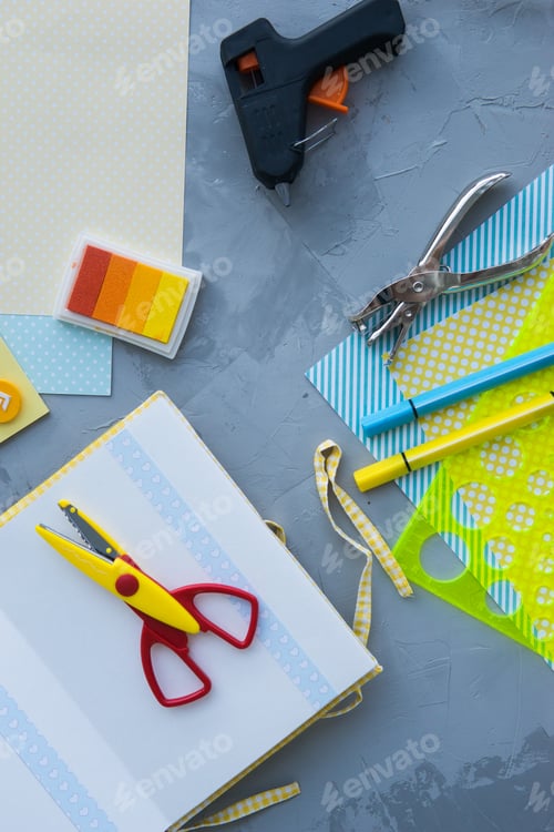 Preview: Scrapbooking - handmade art, design of a handmade photo album. Paper, office supplies