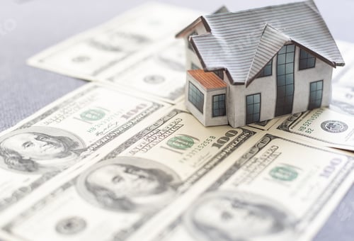 Preview: Dollar banknotes and USA national flag. paper house