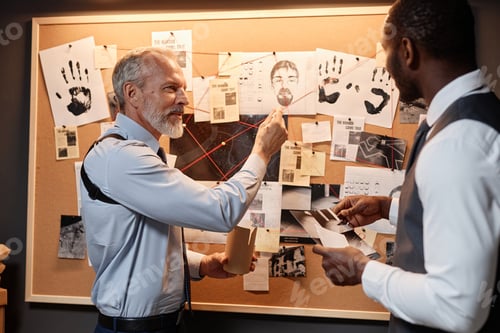 Preview: Two detectives pointing at evidence board investigating case