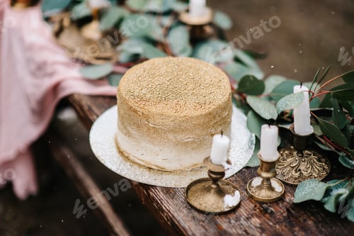 Preview: wedding decor with a golden cake