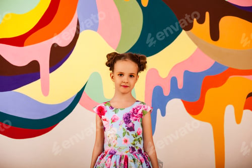 Preview: Happy adorable little girl in colorful flowers dress at multi colored wall, smiling