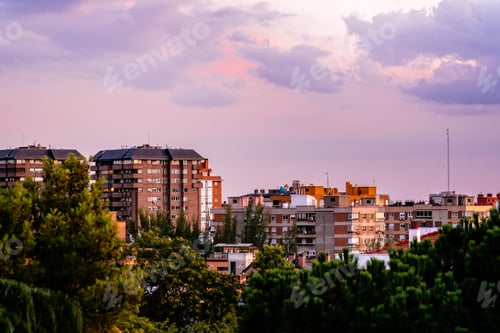 Preview: Cityscape of residential area of Madrid at sunset