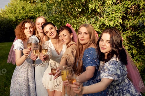 Preview: Happy charming bride in white dress with white veil and bridesmaids with pink veils raise champagne