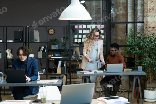 Visualização: Mulher de negócios trabalhando com seus colegas no escritório