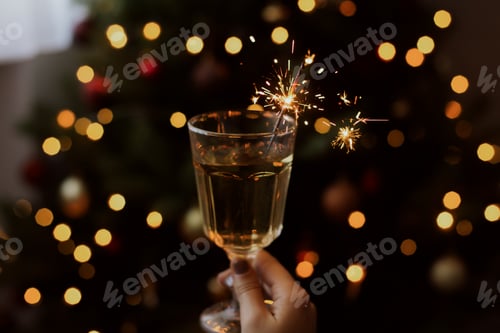 Visualização: Queimando fogos de artifício em taça de champanhe na mão sobre fundo de luzes douradas de bokeh