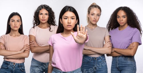 Preview: Asian Woman Gesturing Stop Protecting Group Of Ladies, Studio Shot